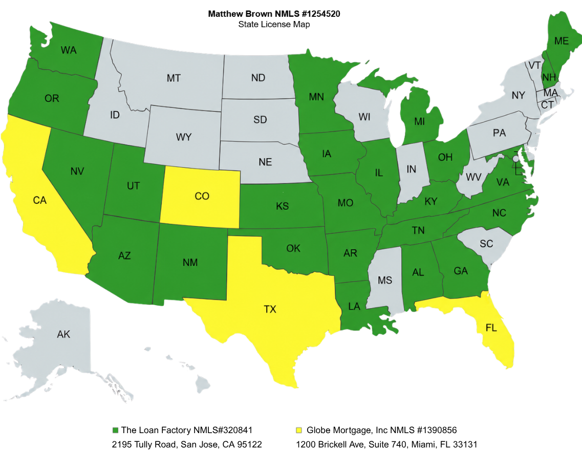 Licensed states map - Matt Brown Mortgage Broker Austin TX
